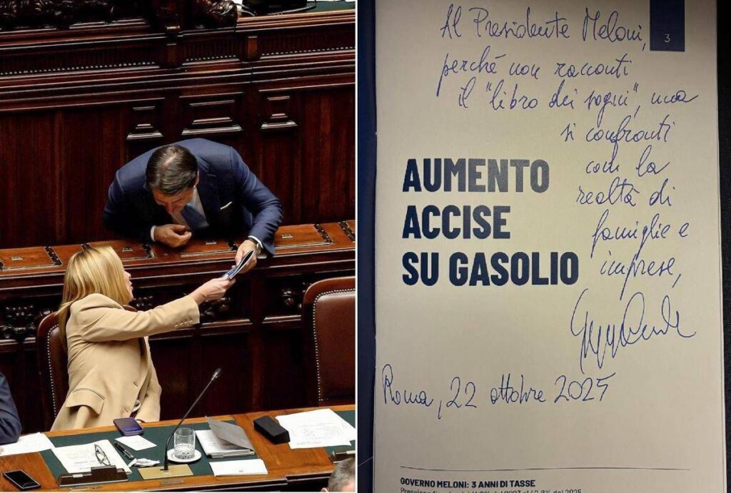 ‘Governo Meloni: 3 anni di tasse’, Conte regala libro alla premier con una dedica speciale