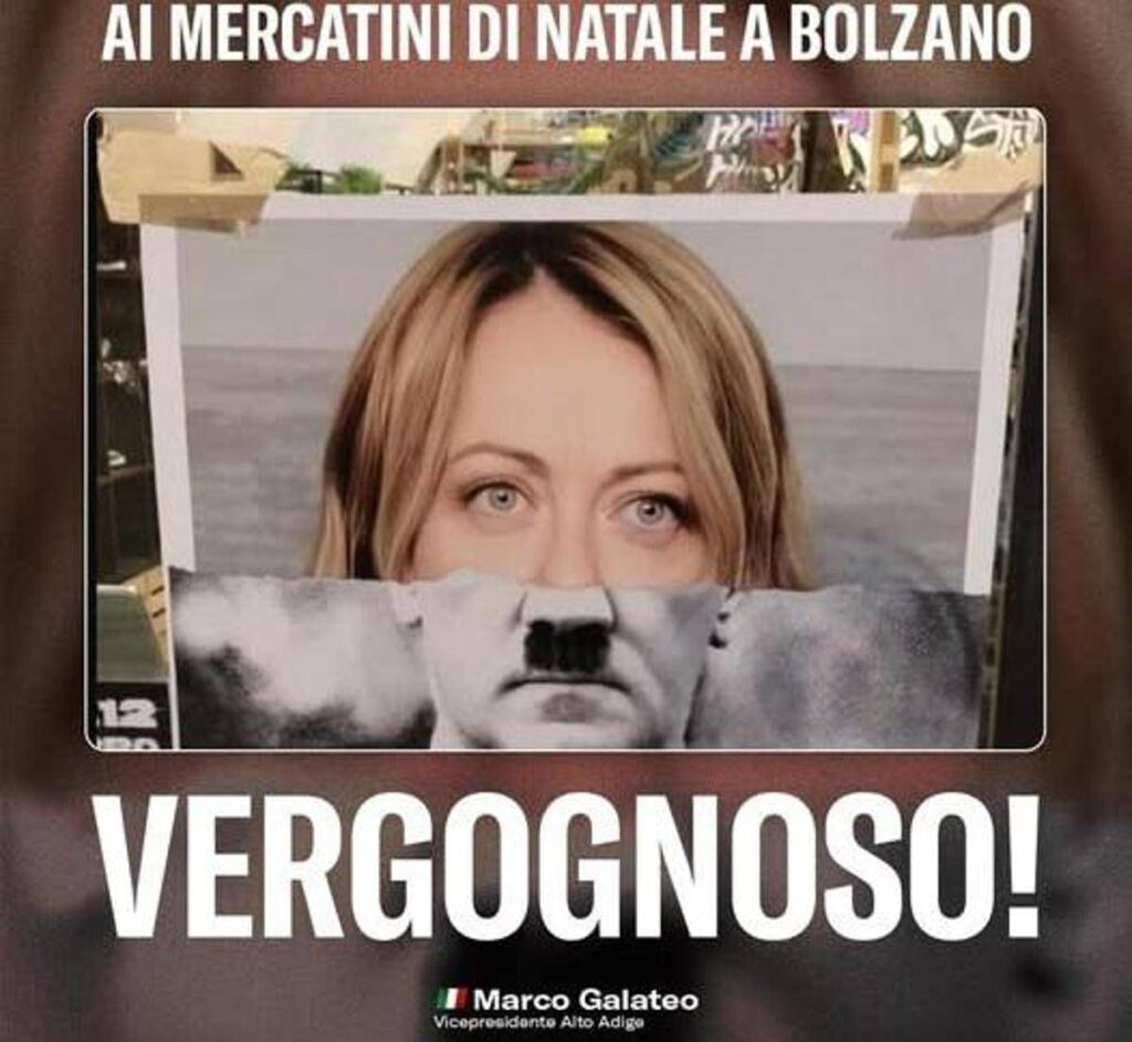 Bolzano, Galateo (FdI): “Fotomontaggio Meloni-Hitler ai mercatini Natale, inaccettabile”