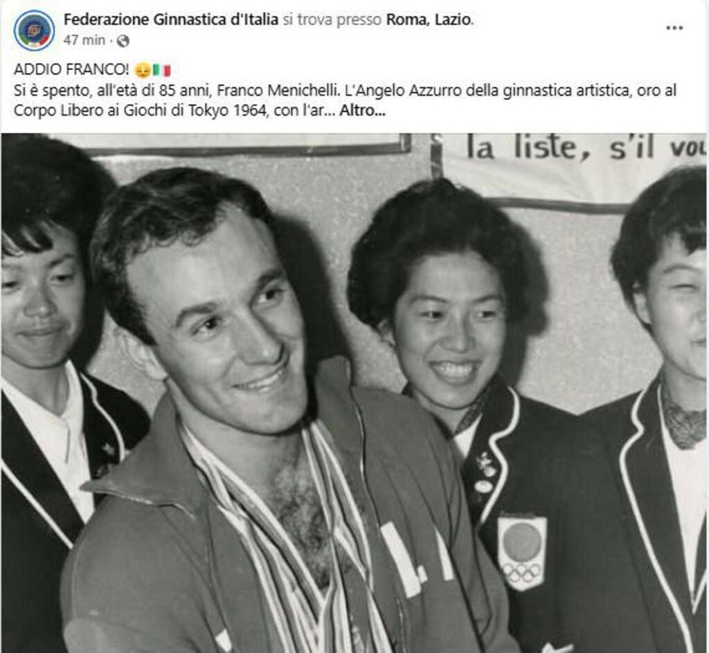 Addio a Franco Menichelli, oro nella ginnastica alle Olimpiadi Tokyo ’64: aveva 85 anni
