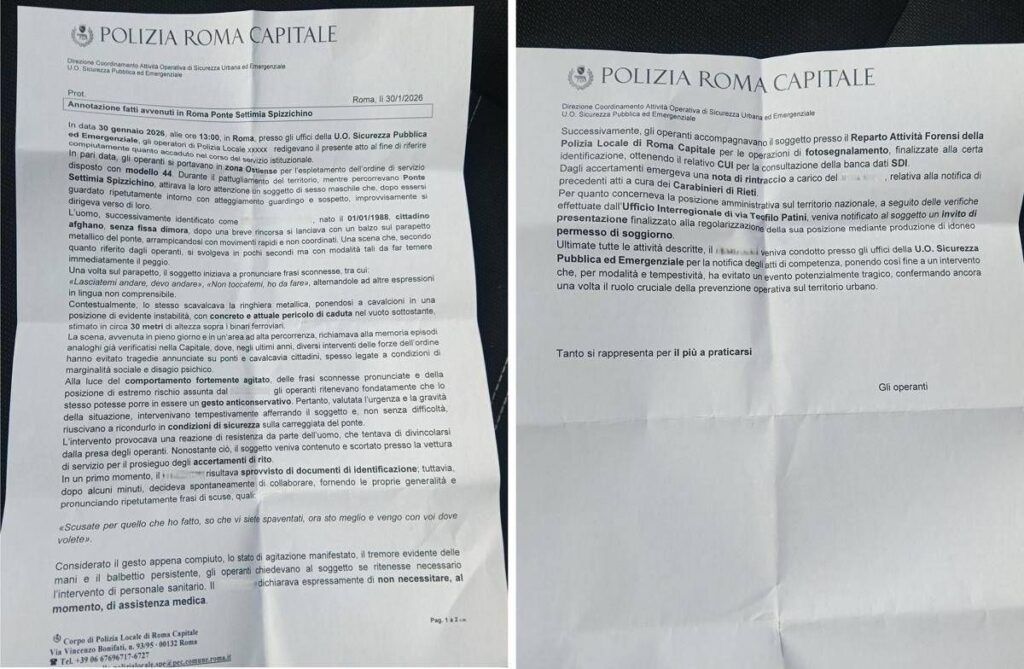 Afghano su parapetto ponte Spizzichino a Roma, relazione Polizia locale: “Evitato evento potenzialmente tragico”