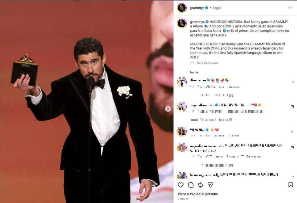 Grammy 2026, Bad Bunny Miglior Album e Billie Eilish canzone dell’Anno