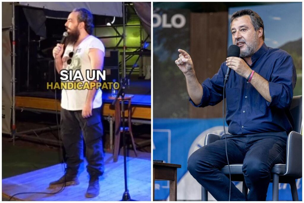Il comico e la gag su Salvini che fa discutere: “Penso sia handicappato”