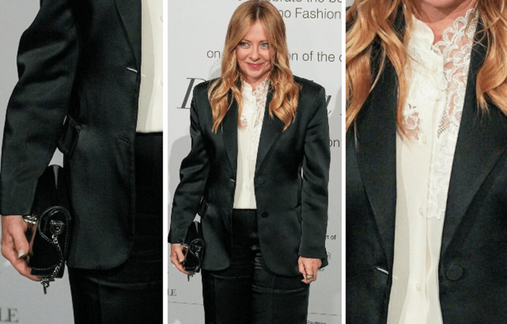Tailleur nero e camicia bianca, alla cena della Fashion Week Meloni sceglie Ermanno Scervino